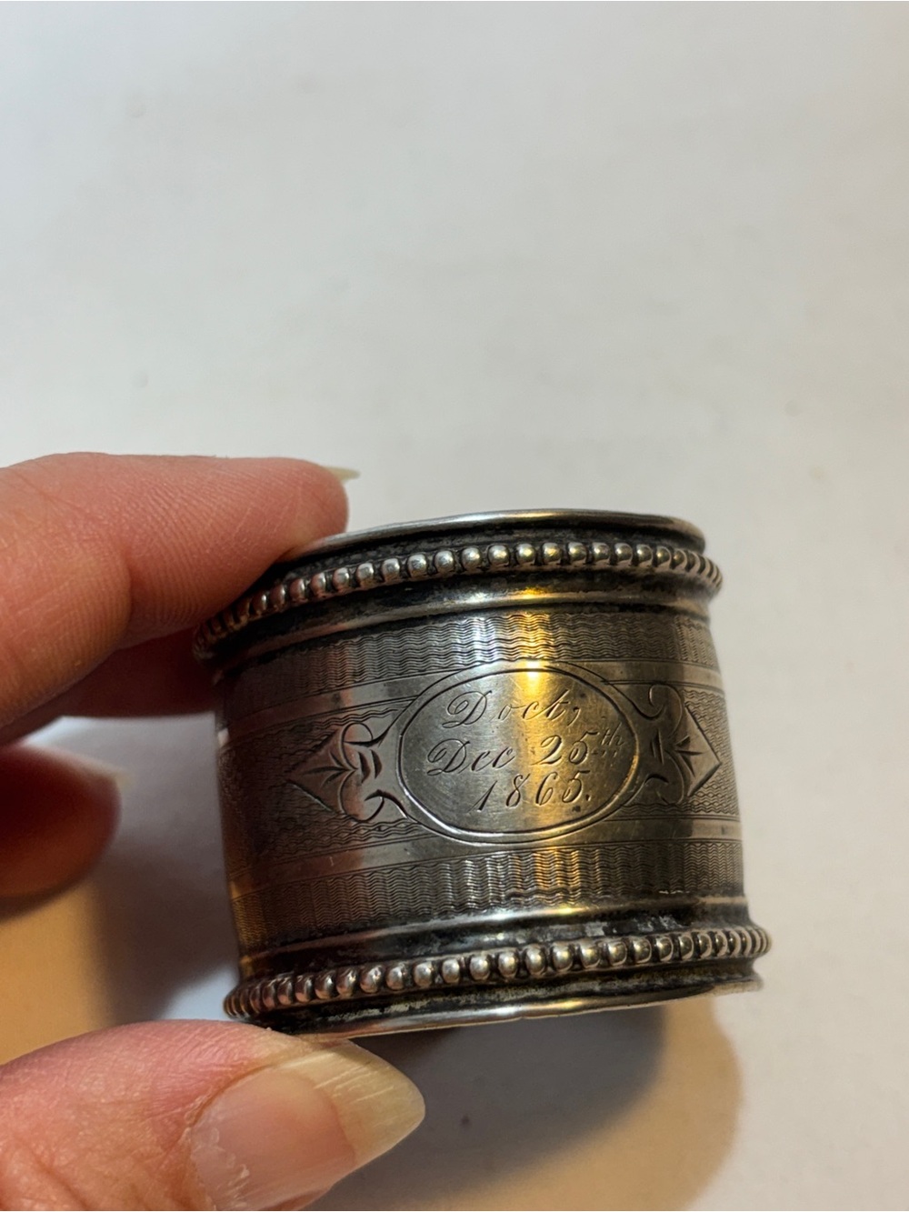 1865 Engraved Silver Napkin Ring with Beaded Edges